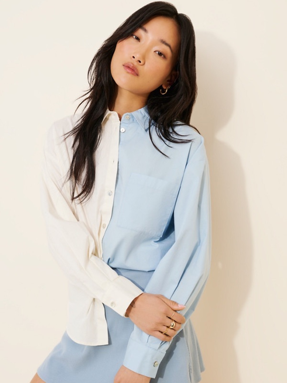 ANTHROPOLOGIE M Pistola Sloane Colorblock Buttondown Shirt Light Blue Two Tone